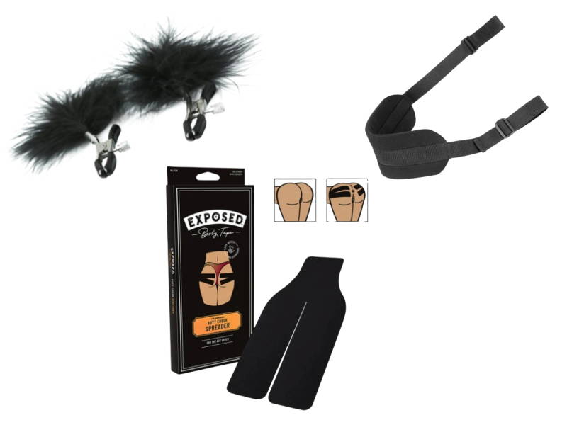 BDSM kit bundle image shows the three items that come in the kit. The image shows a doggy style sex positioning strap, alligator-style nipple clamps with attached feathers, and skin-friendly tape designed to spread the cheeks and expose the sensitive areas between them.