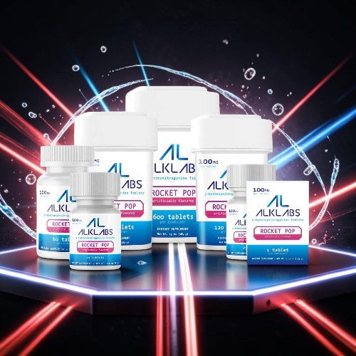 Various bottles of health supplements on a futuristic background.