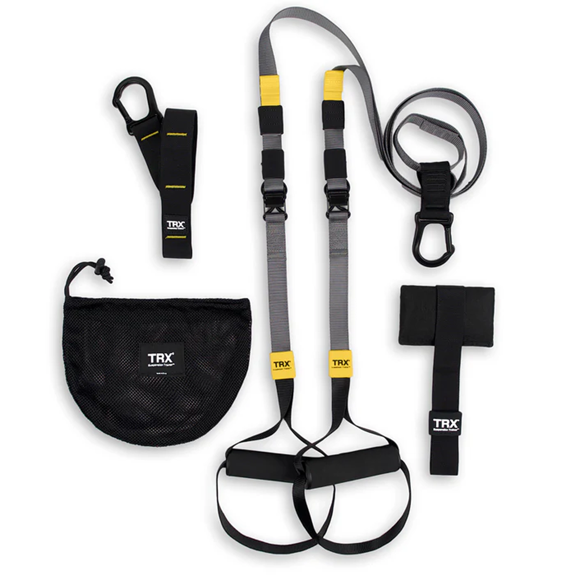 TRX suspension training system with accessories and carrying bag.