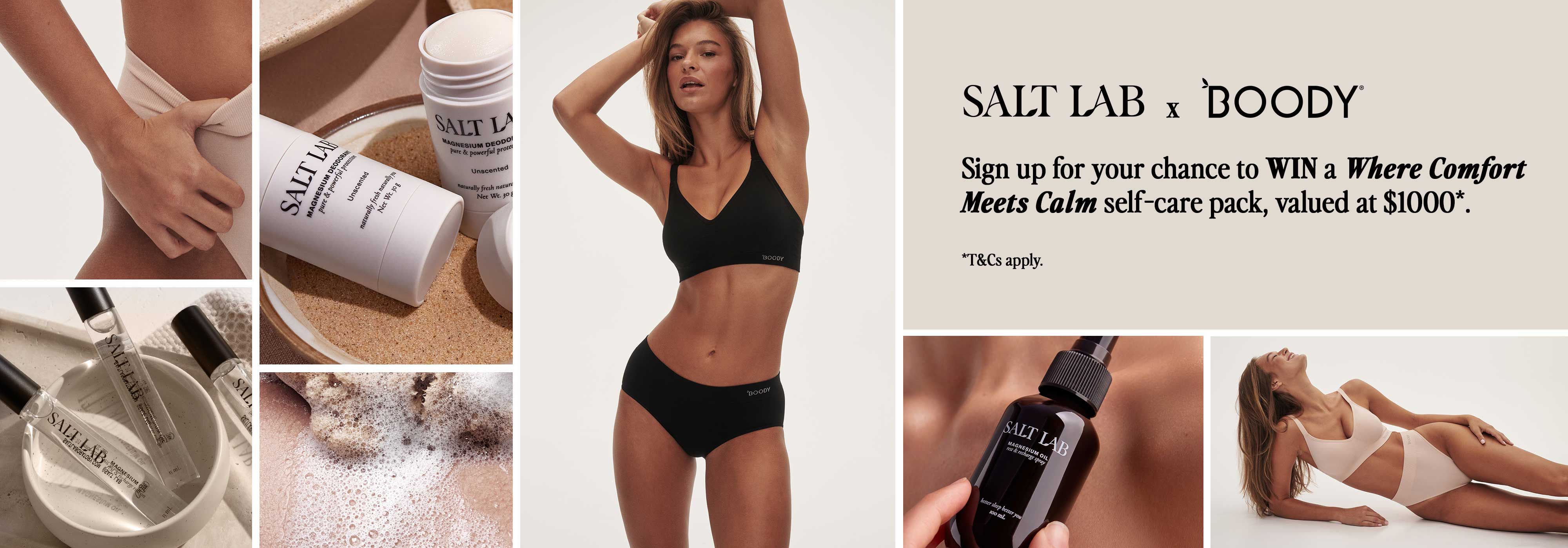 Image promoting skincare products with a model in swimwear.