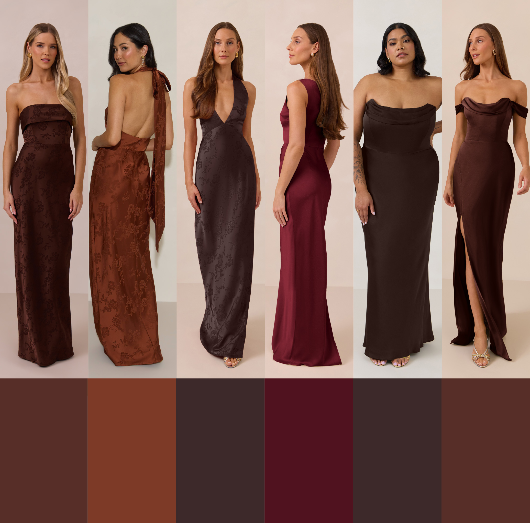 Swatches of dark red and brown fabric samples arranged in a grid.