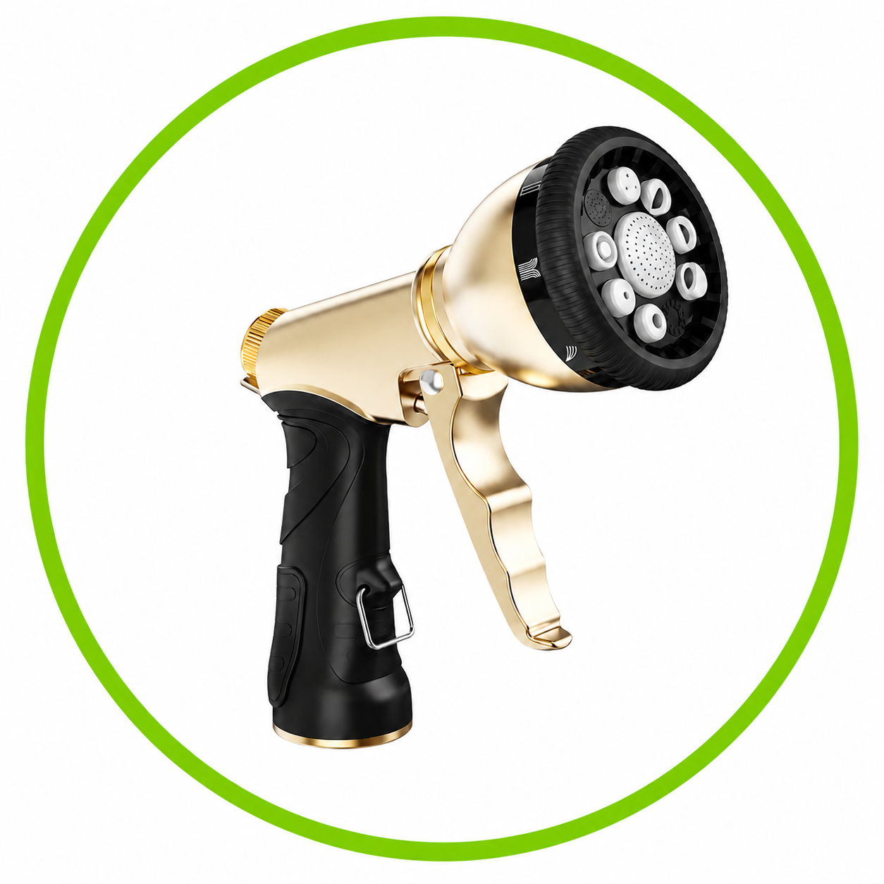 A gold and black garden hose spray nozzle with multiple settings.