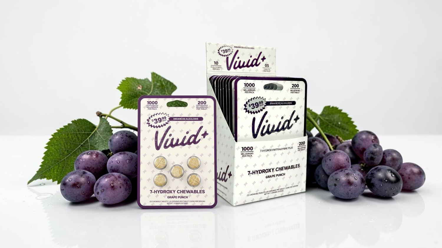 Packages of Visial's supplements with purple grapes and green leaves.