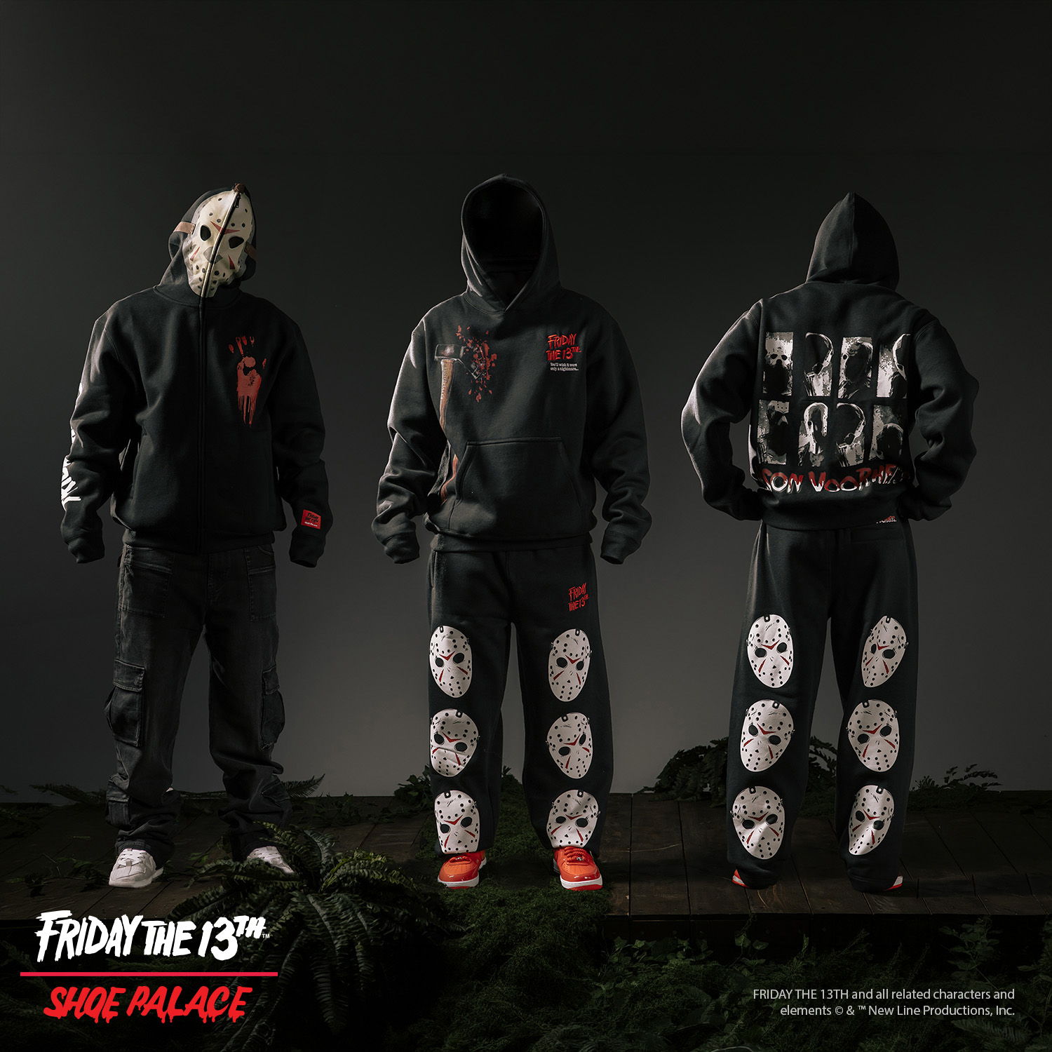 Three outfits featuring Jason Voorhees masks from Friday the 13th series.