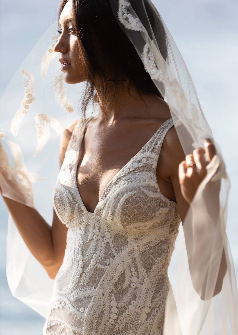 Close up of embroidery of Solstice Gown and Veil
