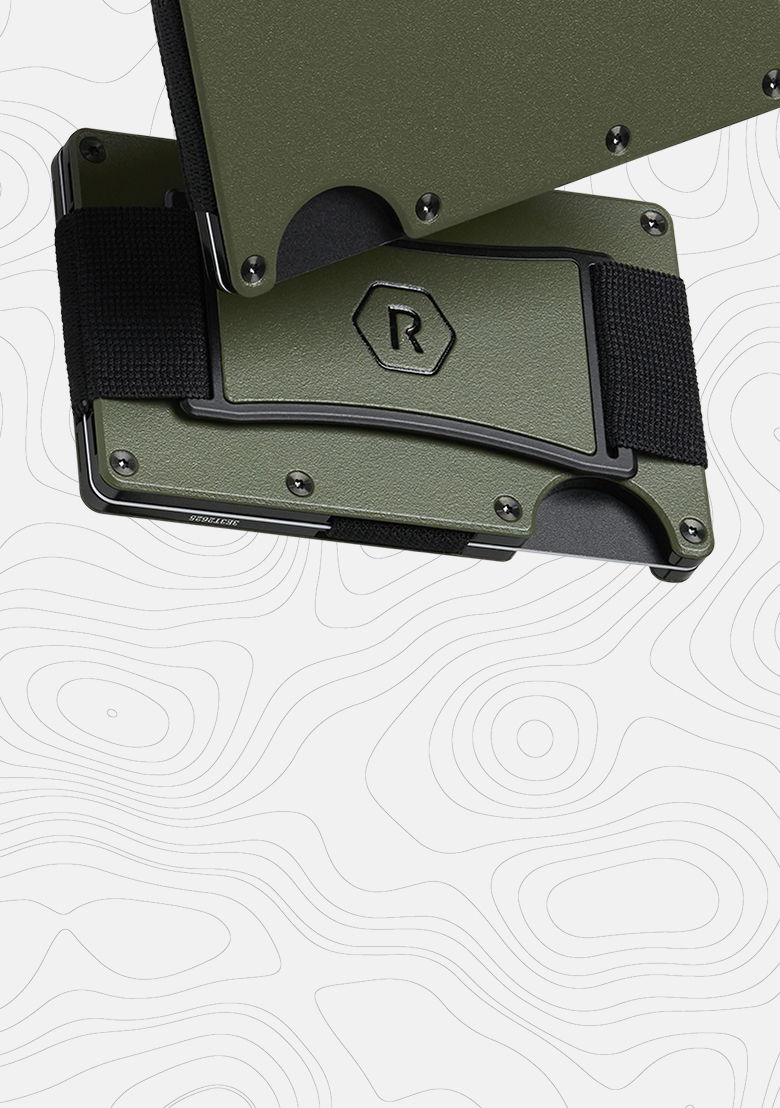 A green, rugged wallet with a logo on a textured background.