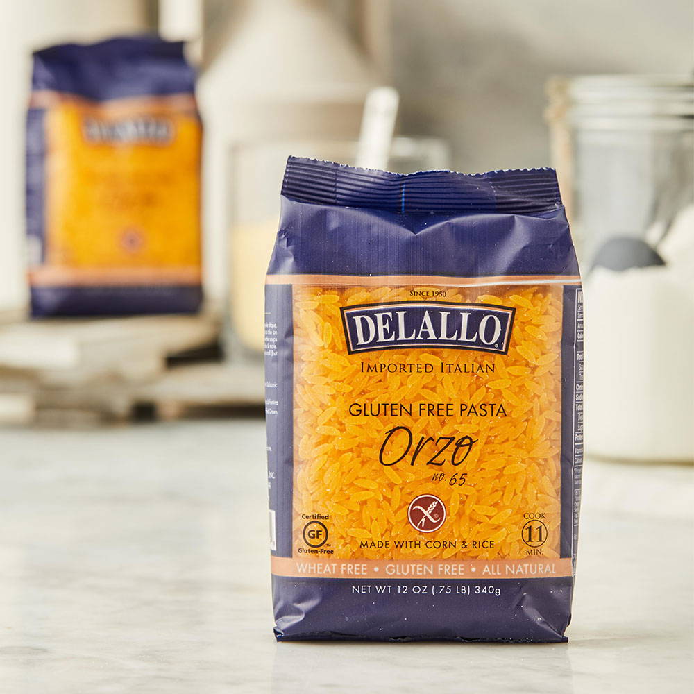 DeLallo Gluten-free orzo in package on a table