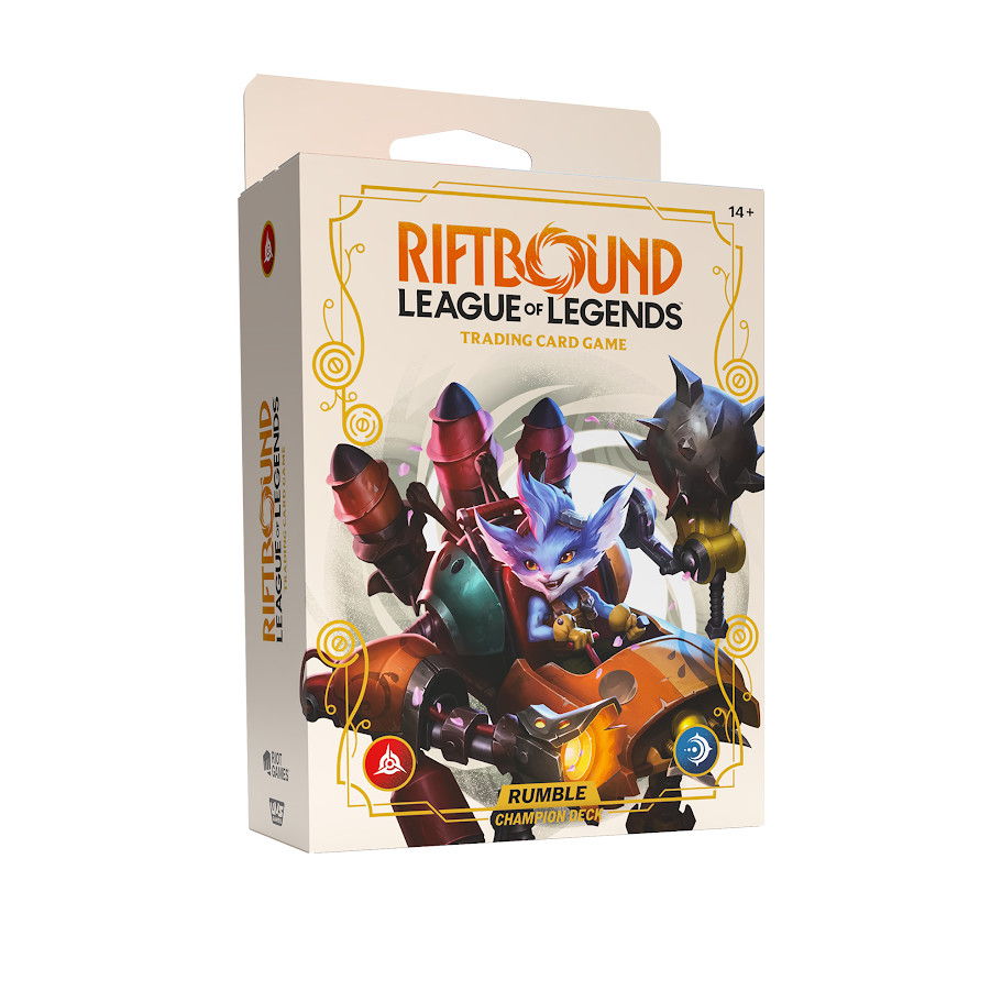 Riftbound League of Legends spiritforged champion deck game box featuring colorful characters and artwork.