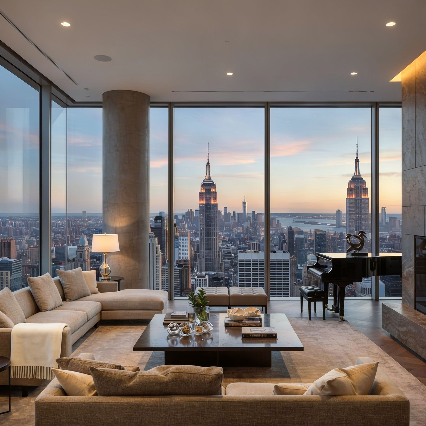 Modern living room with skyline view at sunset, featuring a piano.