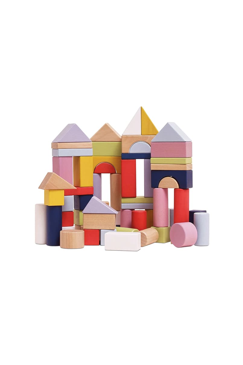 Colorful wooden building blocks arranged in various shapes and structures.