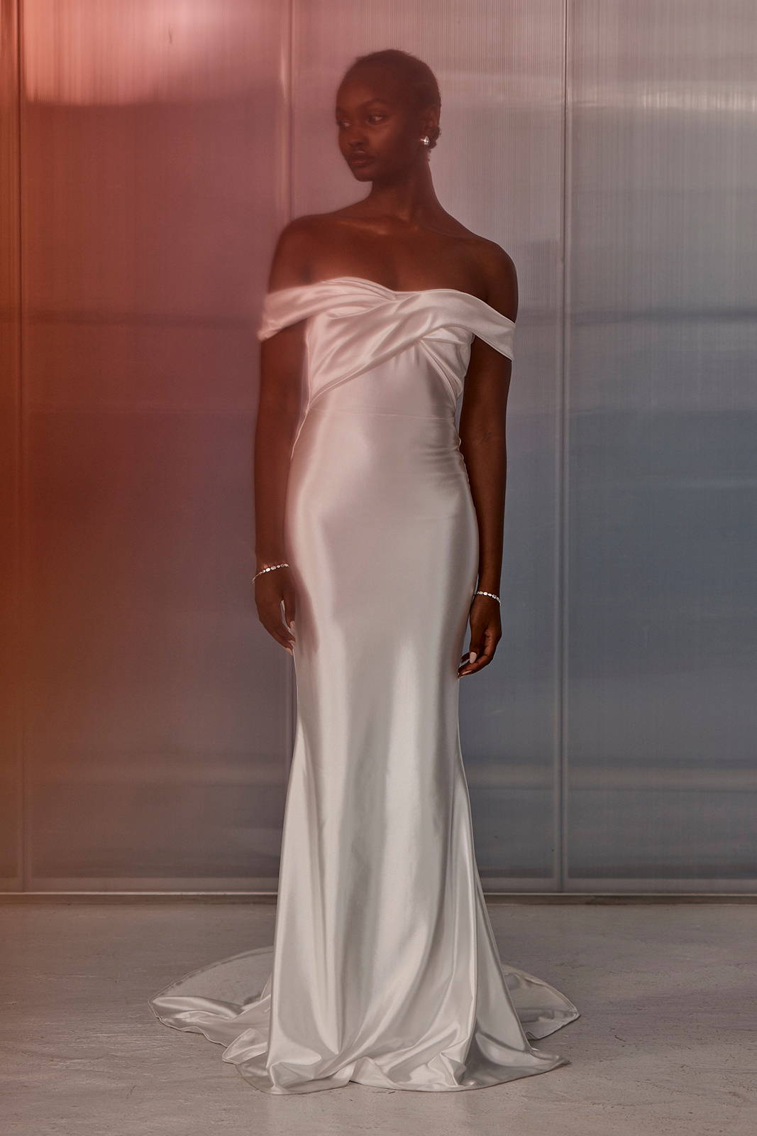 Colour-blurred image of model standing wearing Cupid gown