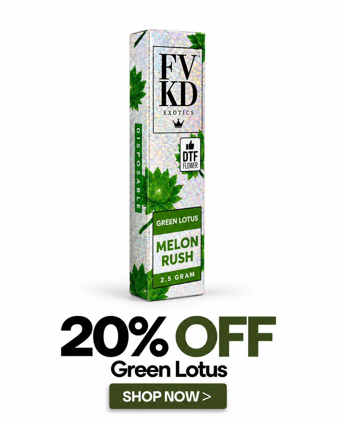 FVKD Melon Rush packaging with 20% off promotion for Green Lotus.