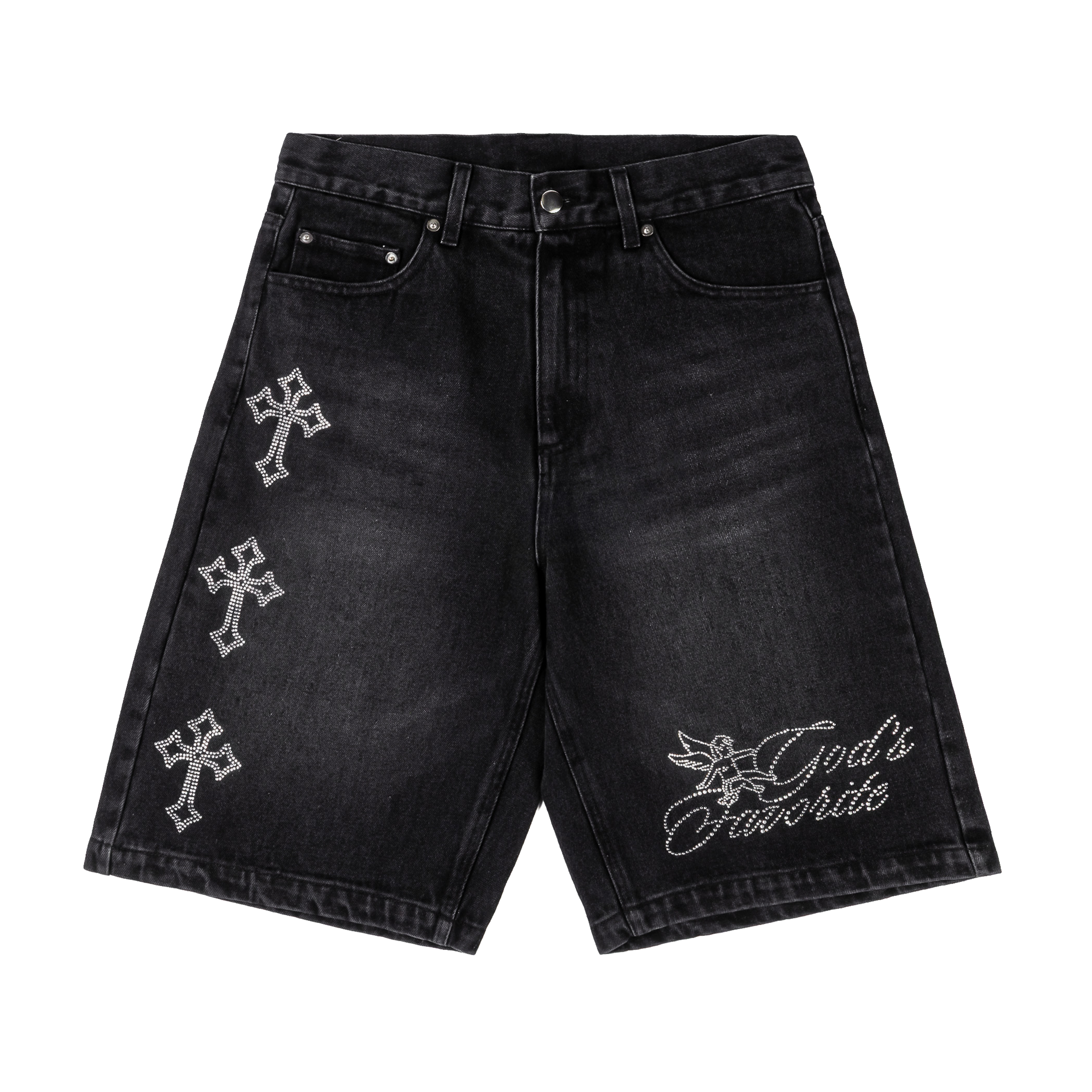 Black denim shorts with cross and text embellishments.