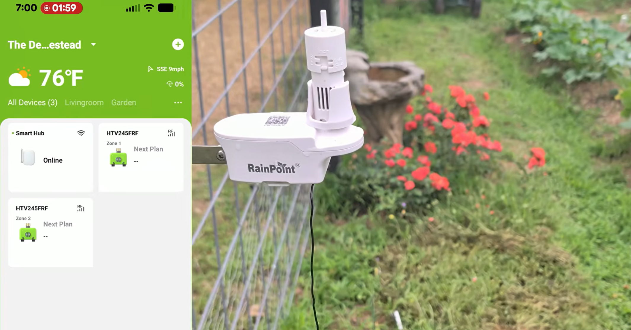 Weather app interface with temperature and garden view featuring flowers and a sensor.