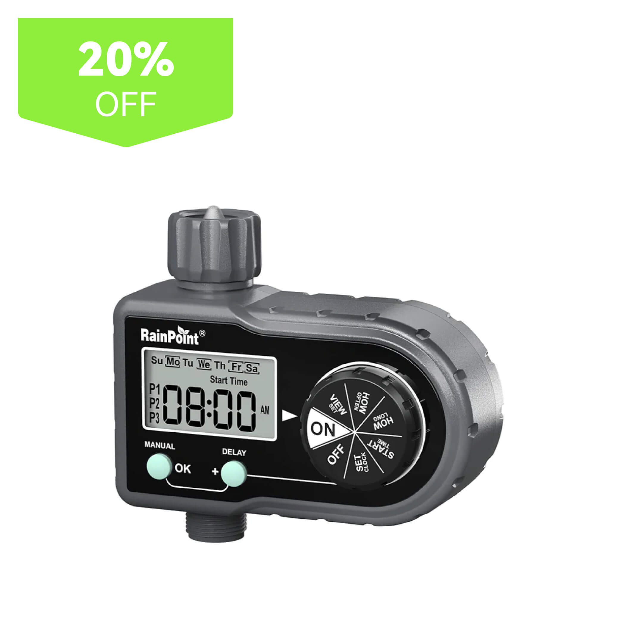 Digital timer for irrigation with a discount label.