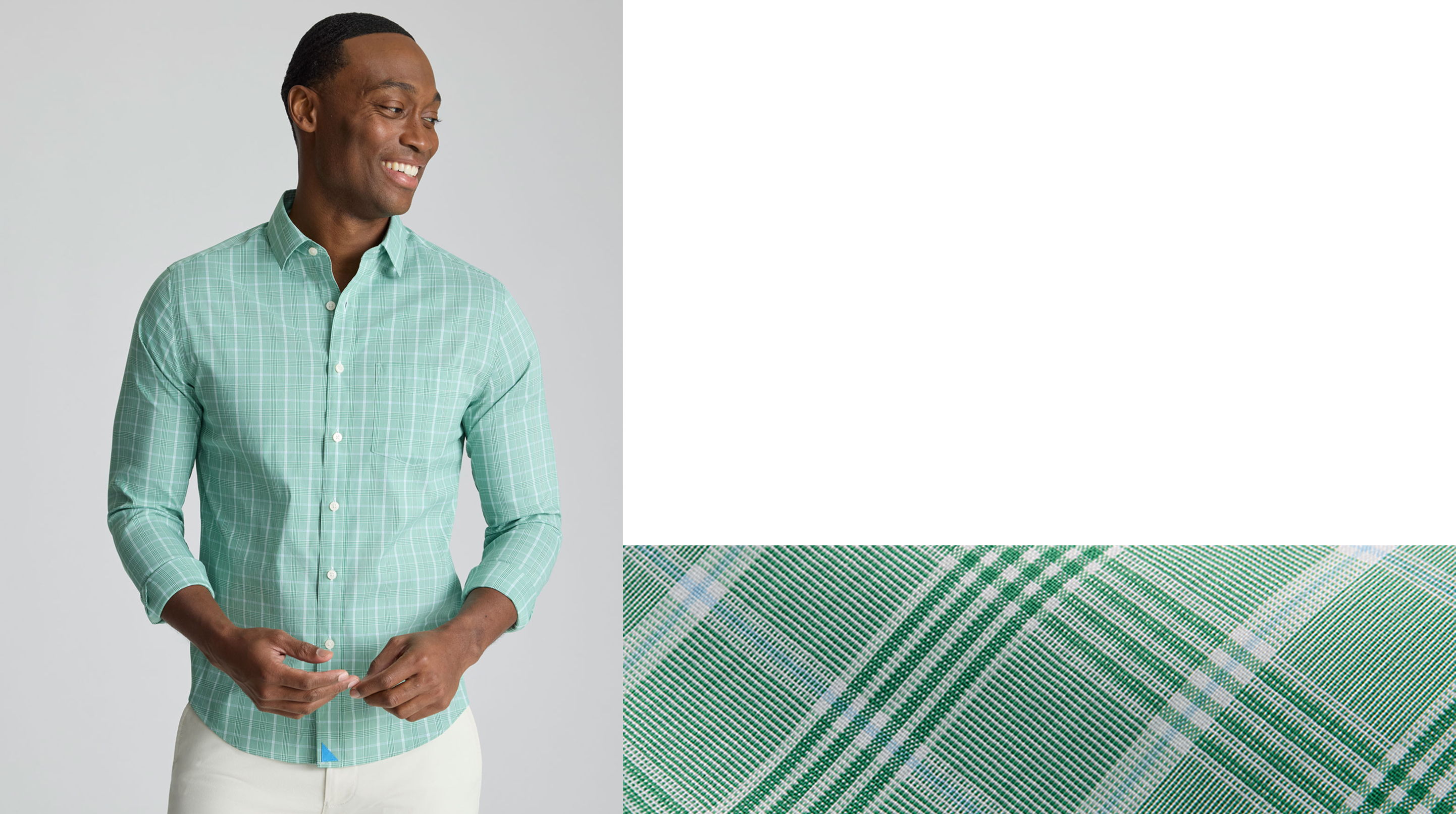 Man smiling in a green plaid shirt with a matching fabric swatch.