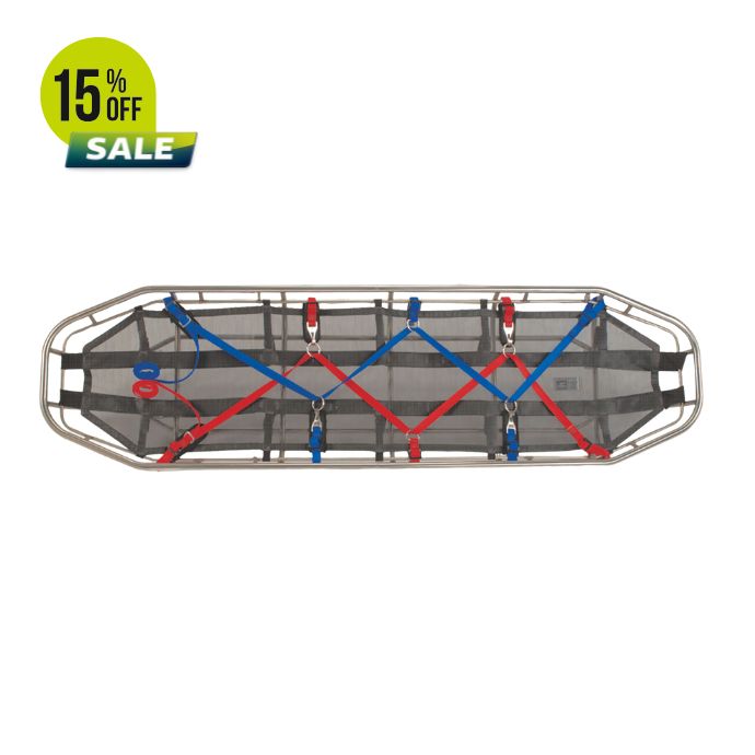 Top view of a gray and blue cargo cart with sale tag.