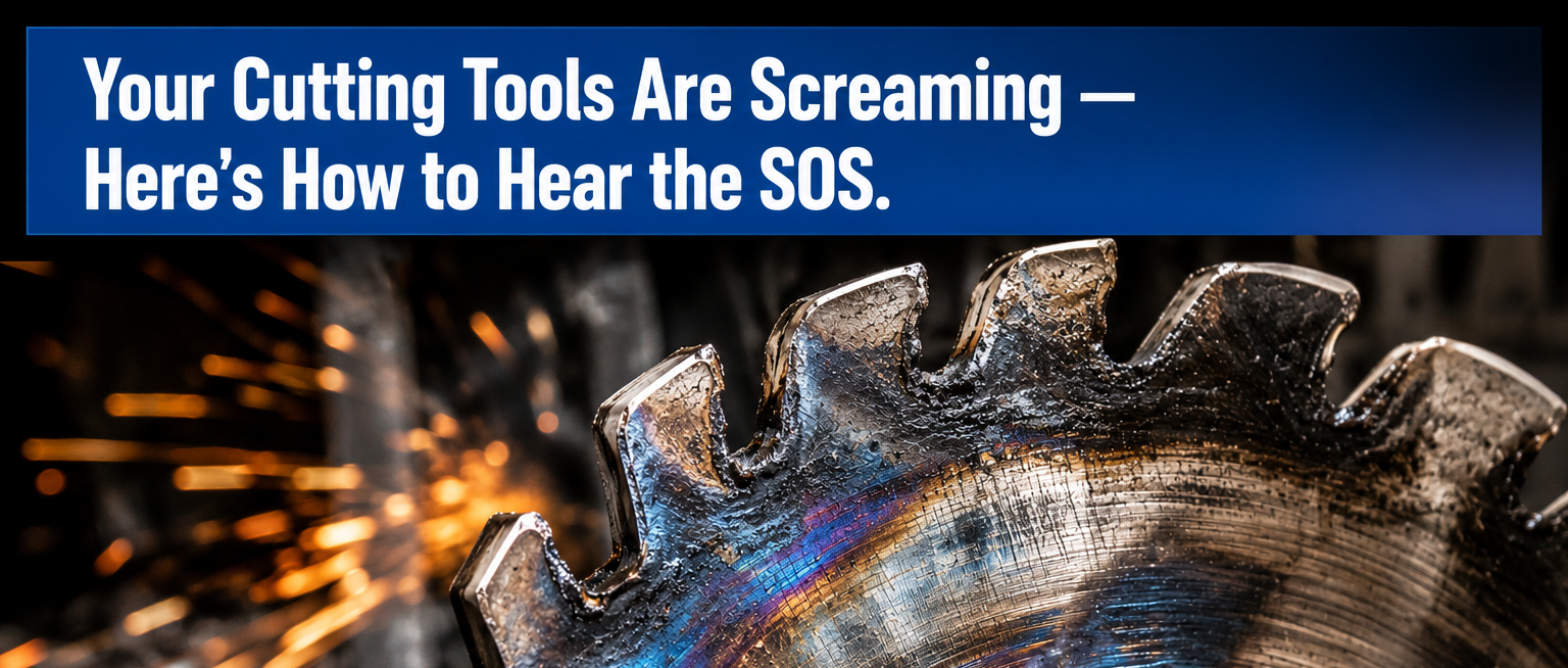 Damaged circular saw blade showing heat discoloration and worn carbide teeth from overheating