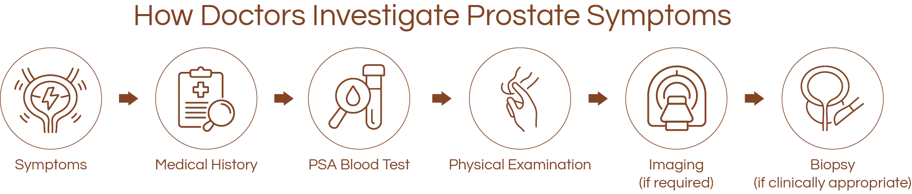 Icons representing how doctors investigate prostate symptoms