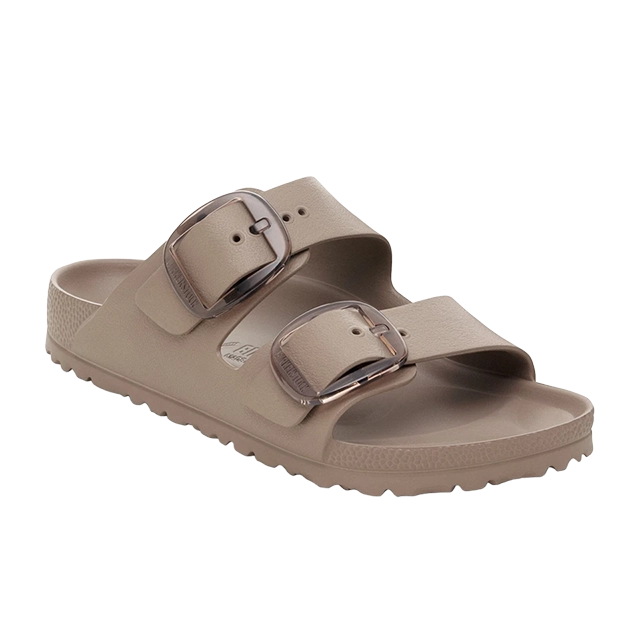 Brown two-buckle slide sandal on a white background.