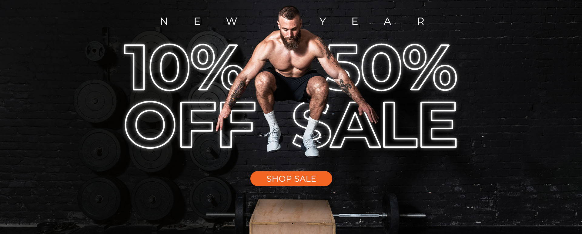 Text: 10-50% OFF Gym Equipment