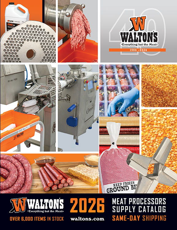 Walton's 2026 Meat Processors Supply Catalog featuring various meat processing equipment.