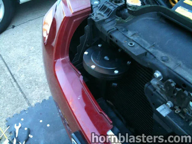 Alternate angle Nathan AirChime K3 horn assembly and mounting points on Frank's 2002 Nissan Maxima photo 10