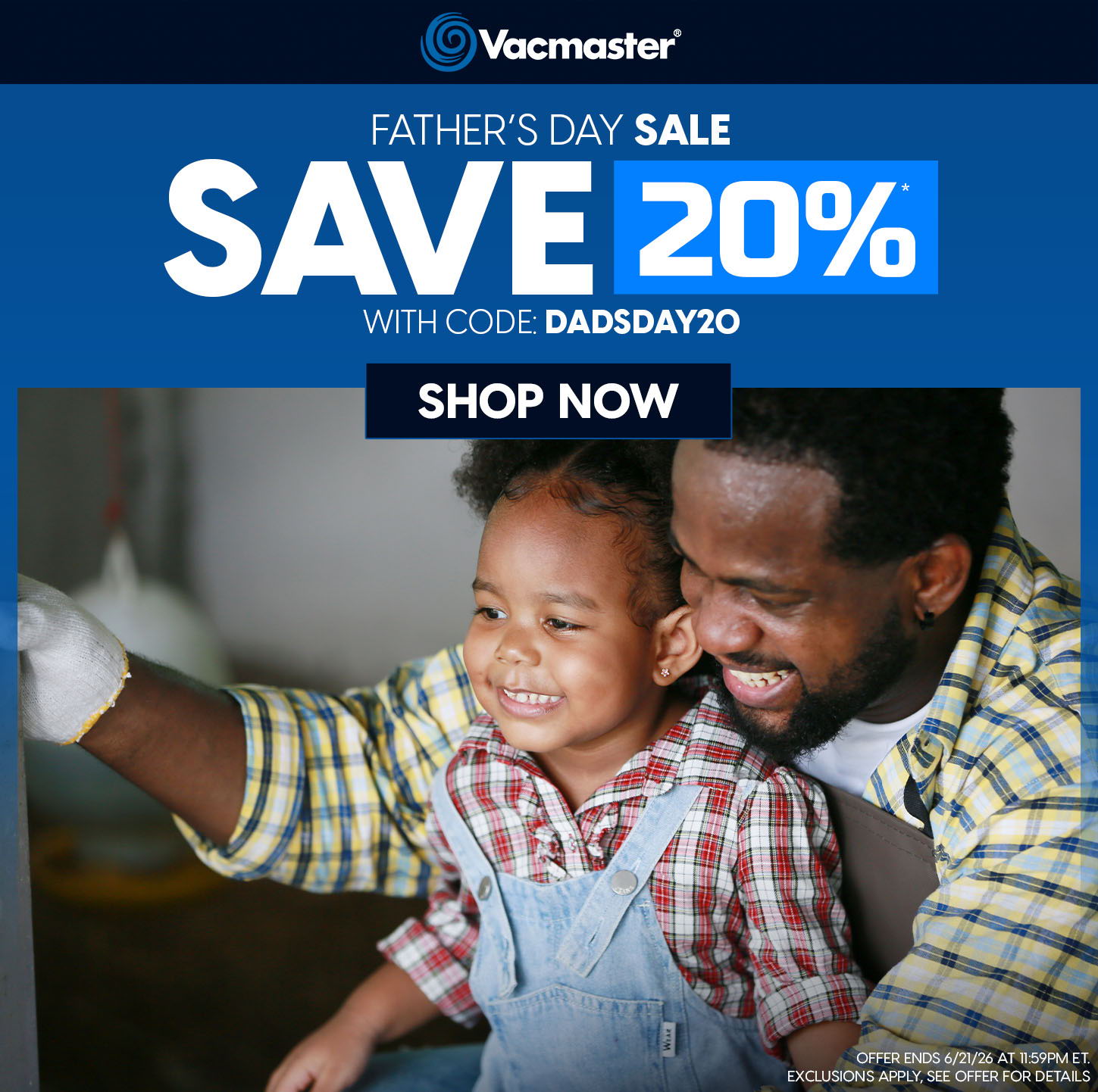 Father and child smiling together, promoting Father's Day sale.
