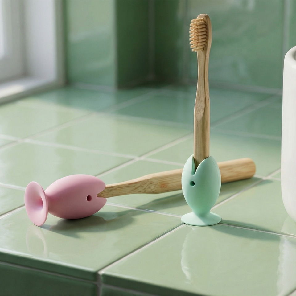Two colorful toothbrush holders shaped like fish with wooden toothbrushes.