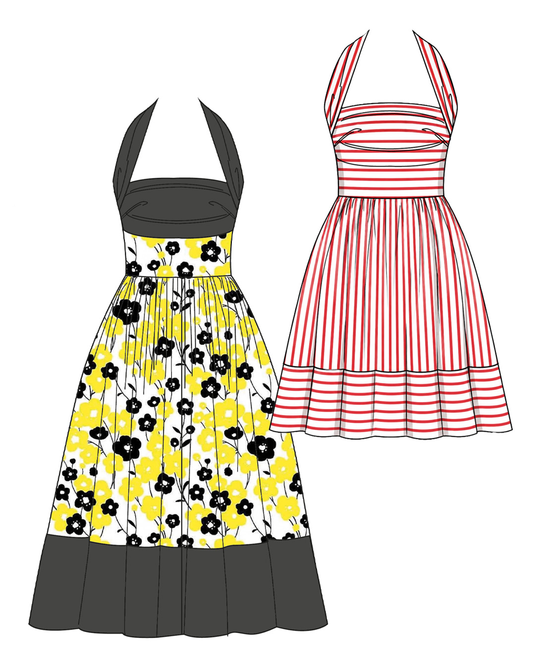 Two vintage-style dresses: one floral, one striped.