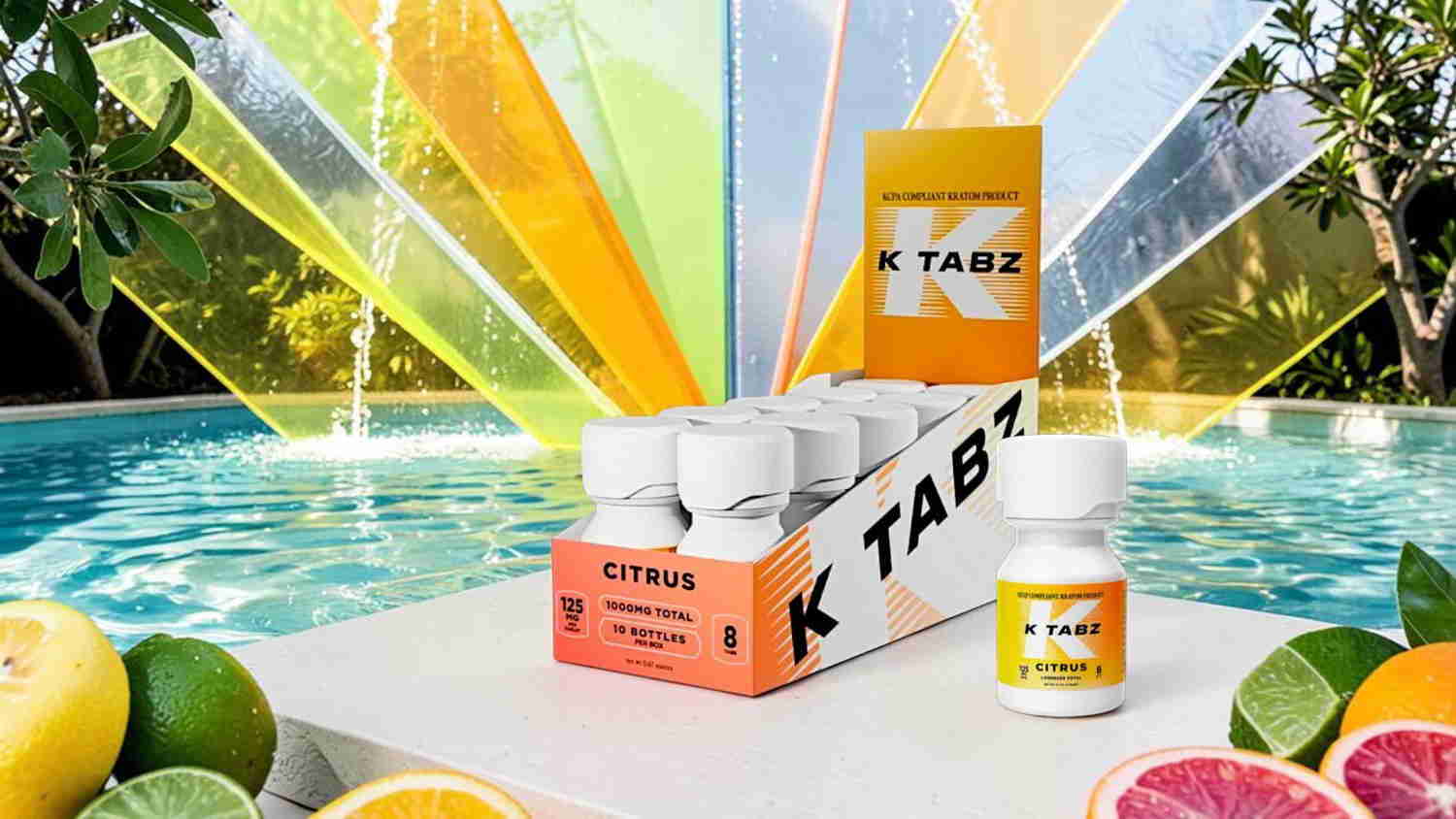 Vibrant display of K Tabs near a pool with citrus fruits.