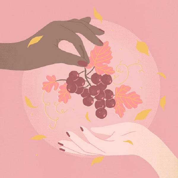 ilustração de uma mão passando um cacho de uva para outra mão