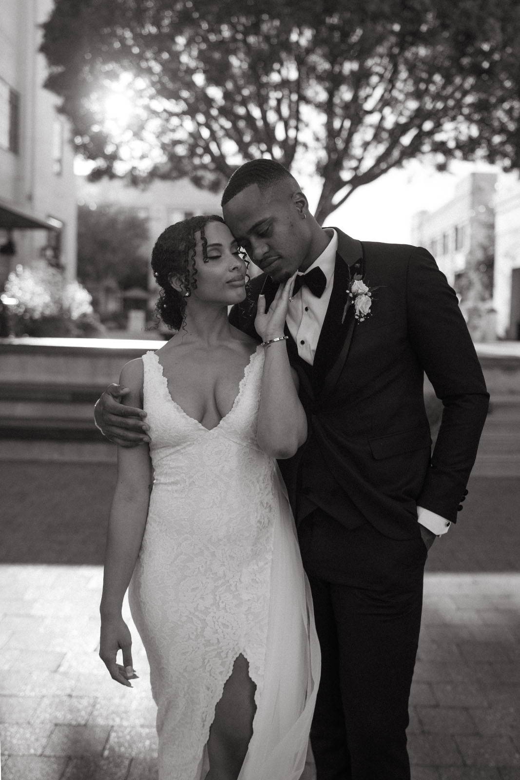 Black and white image of bride and groom