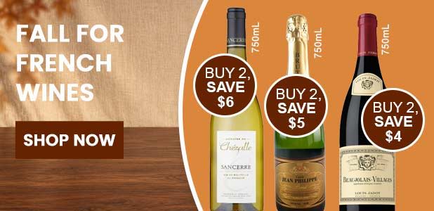 Fall for French wines promotion with three bottles and savings details.
