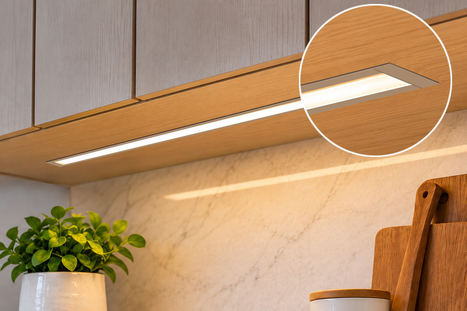 Recessed linear cabinet light installed flush with the cabinet bottom