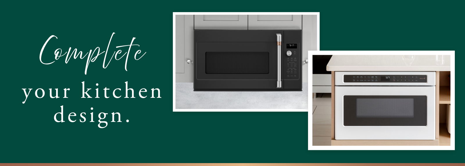Microwaves in black and white with text about kitchen design.