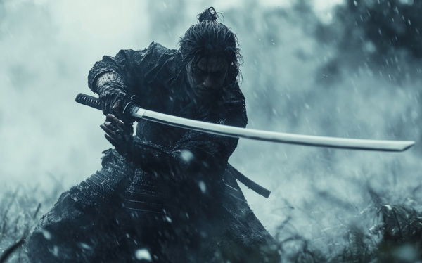 A samurai wielding a sword in a misty, dramatic setting.