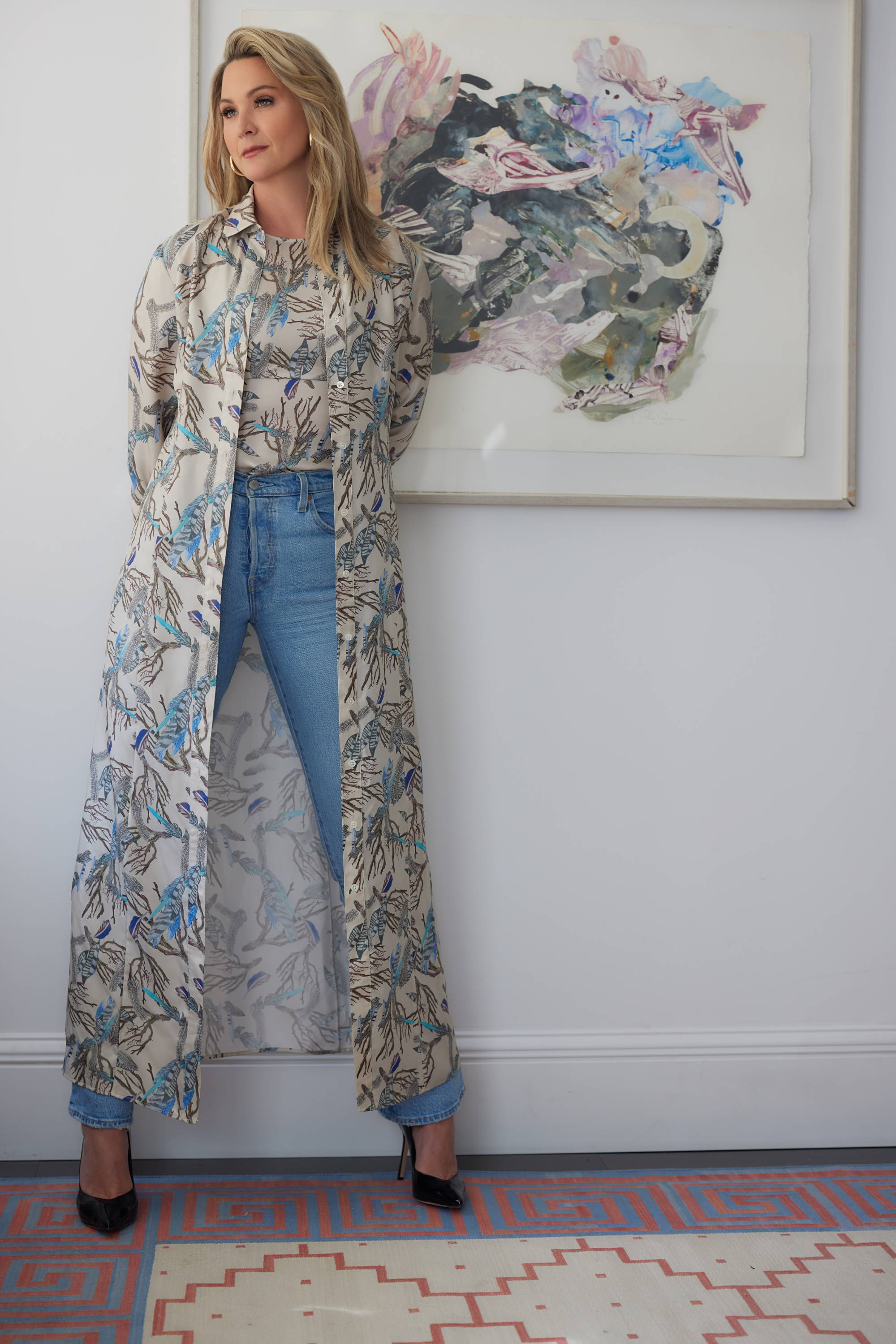 Sunny wearing silk feather printed shell tank with long silk feather printed shirt dress and jeans in New York City by Ala von Auersperg
