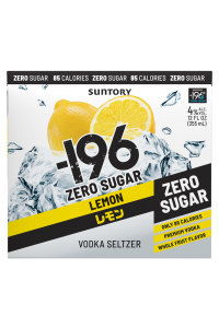 Suntory -196 Lemon Zero Sugar Vodka Seltzer packaging with ice.
