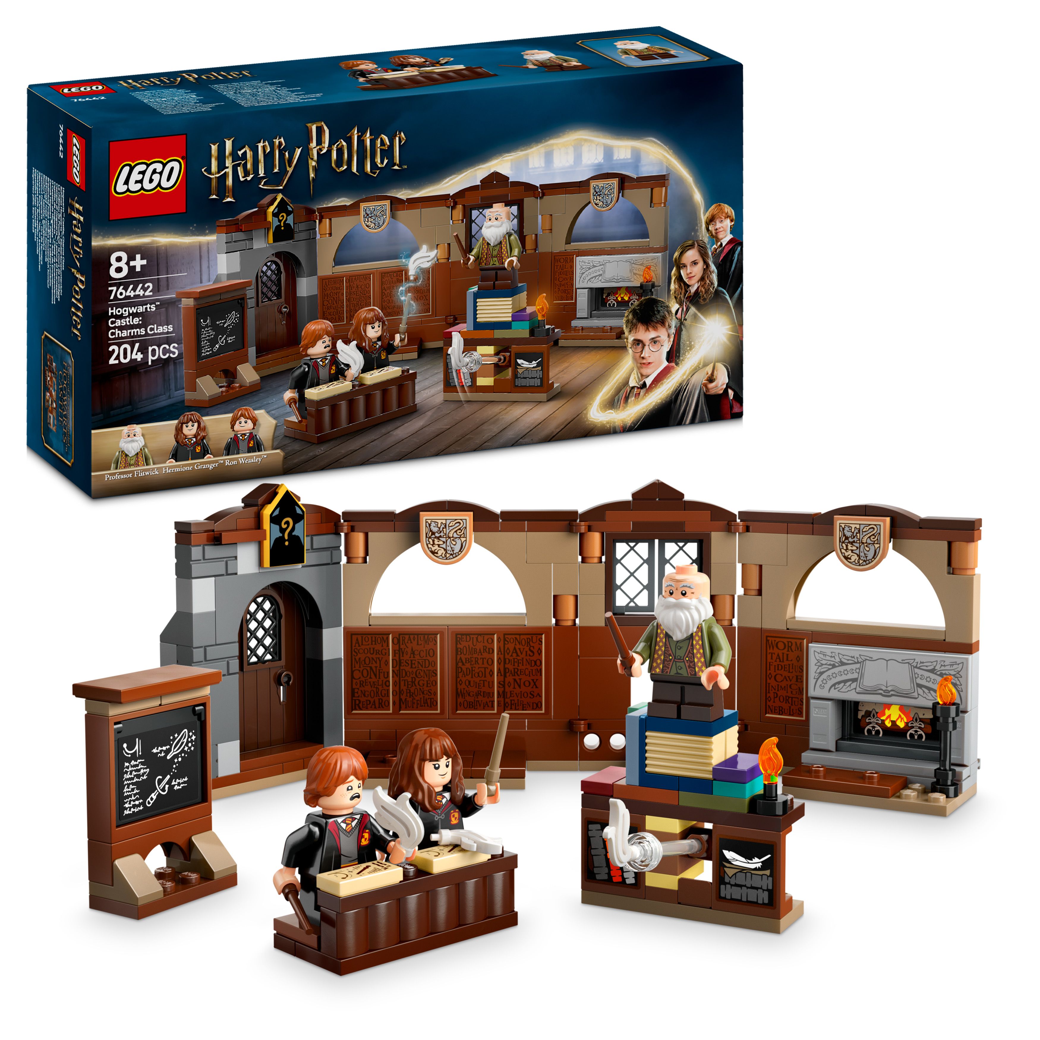 LEGO Harry Potter set featuring characters and classroom scene.