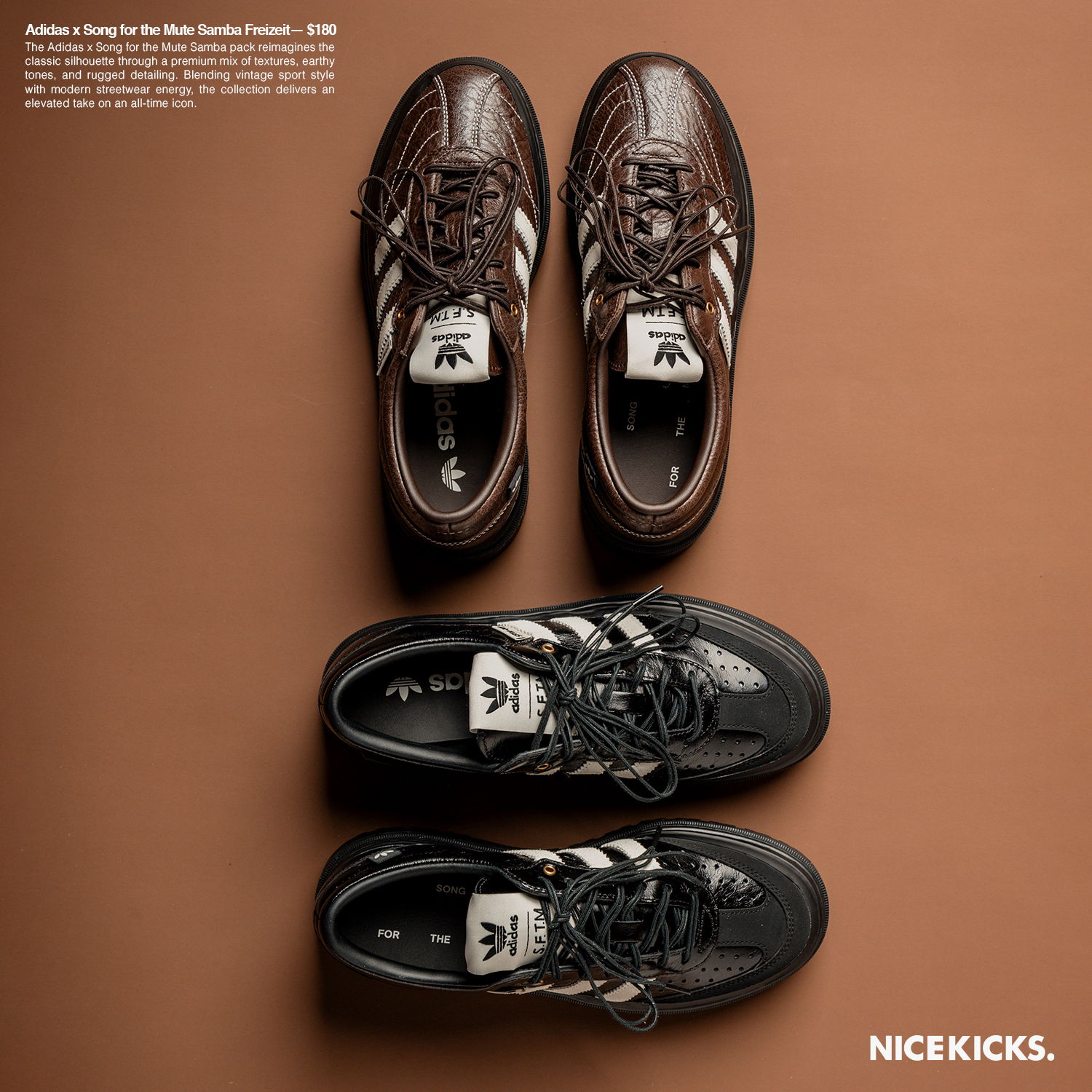 Two pairs of sneakers, one brown and one black, on a brown background.