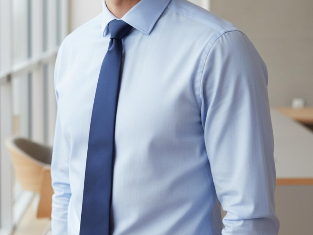 Man wearing a blue shirt with navy tie tonal outfit