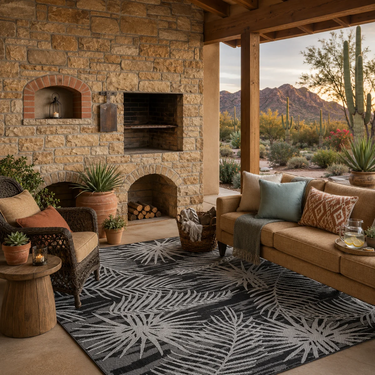 Covered Arizona patio with a bold black botanical outdoor rug, stone fireplace, desert landscape, and comfortable outdoor lounge furniture. 