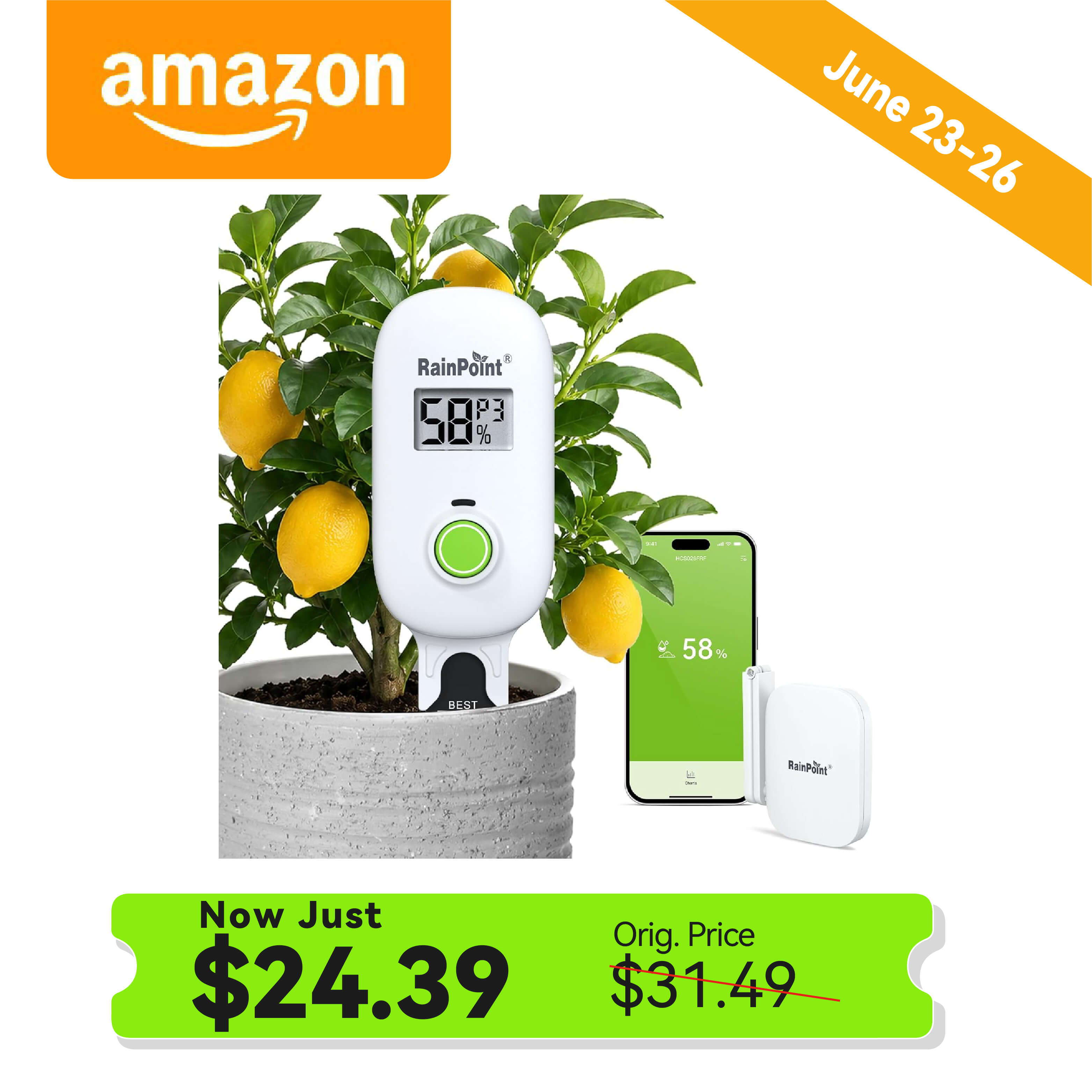 Plant sensor displayed next to a potted lemon tree with pricing details.