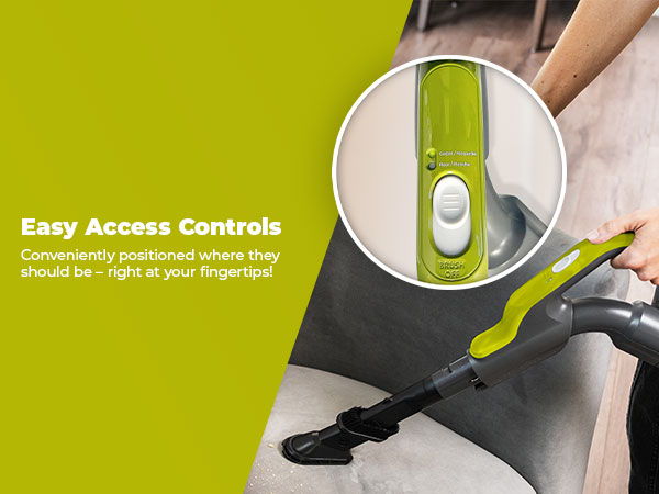 Easy access controls on a vacuum cleaner for convenient operation.