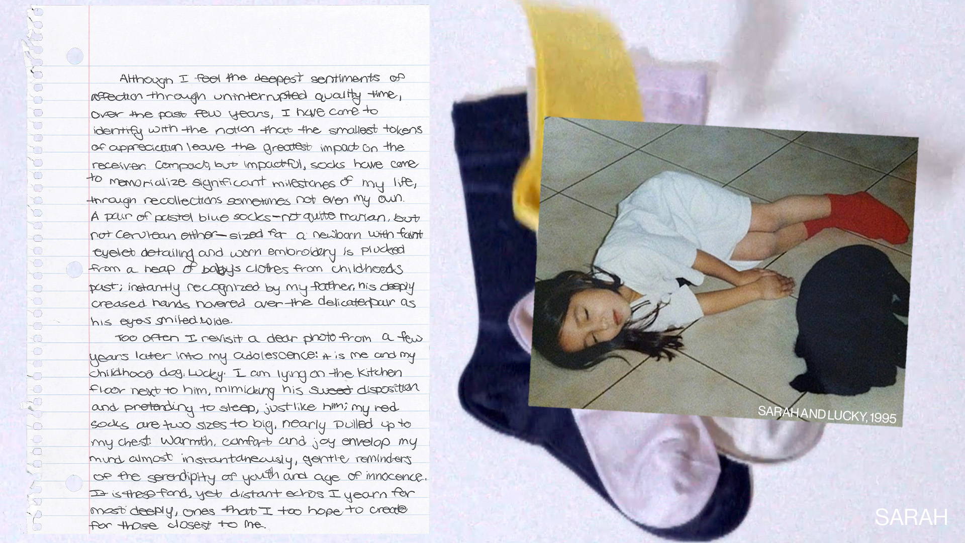 collage of letter and photo of young child laying on the floor with a dog