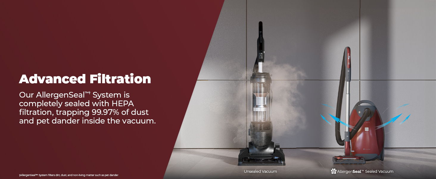 Vacuum cleaners with advanced filtration technology on display.