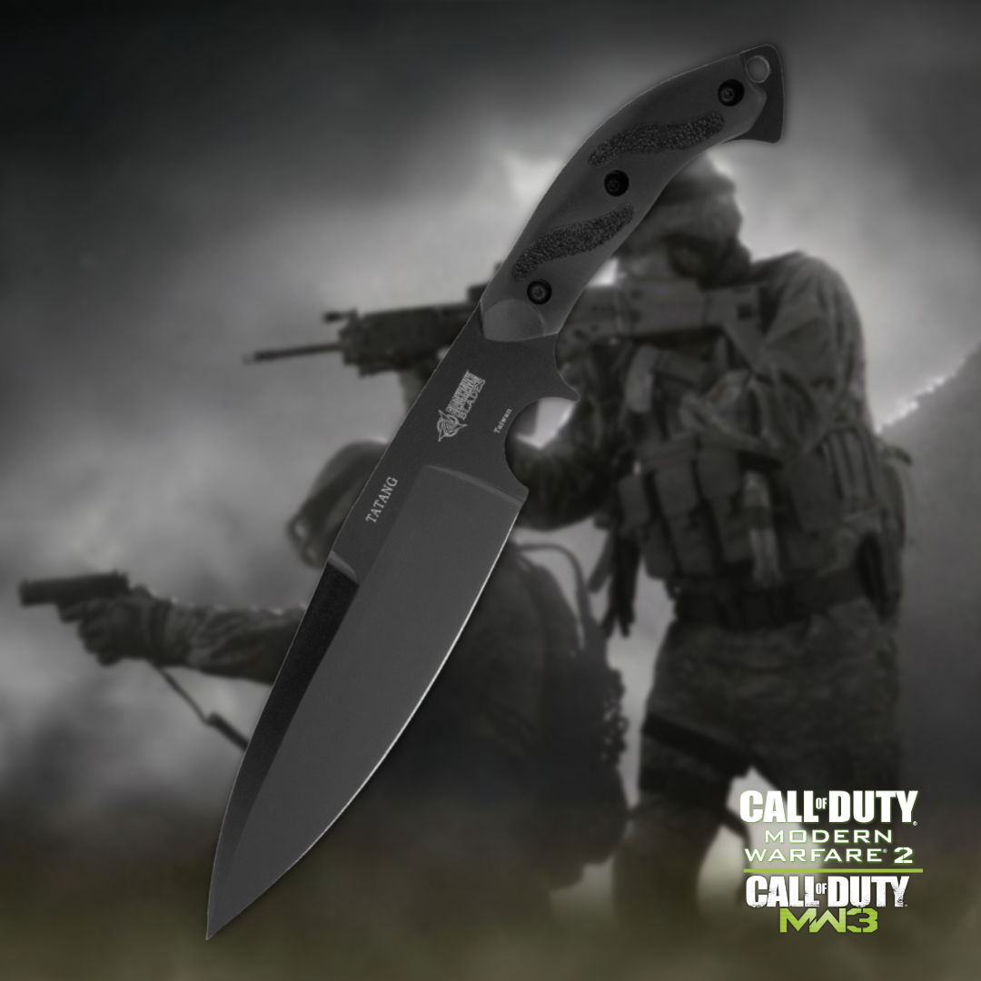 Knife in foreground with soldiers in background; Call of Duty branding.