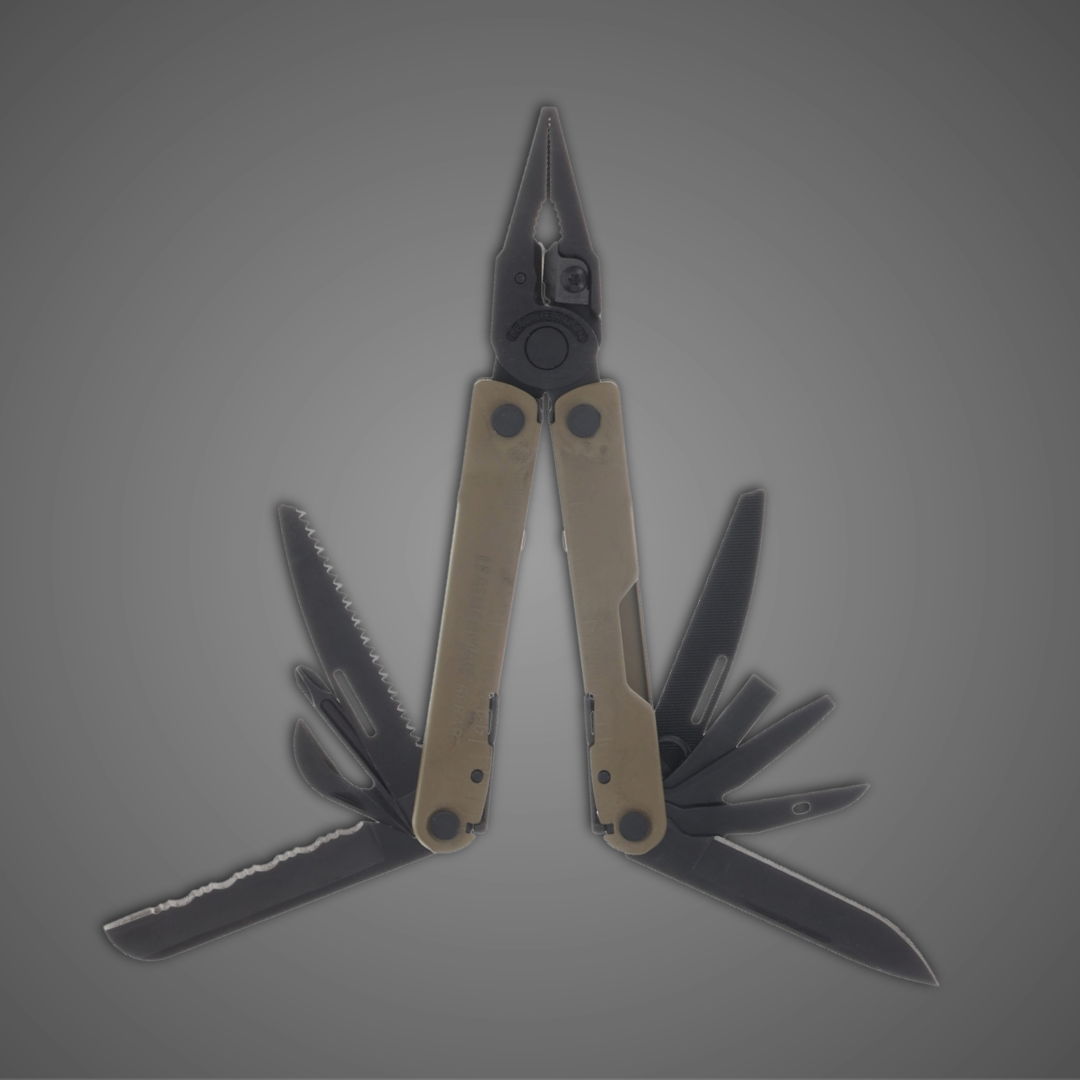 A multi-tool with various blades displayed against a dark background.
