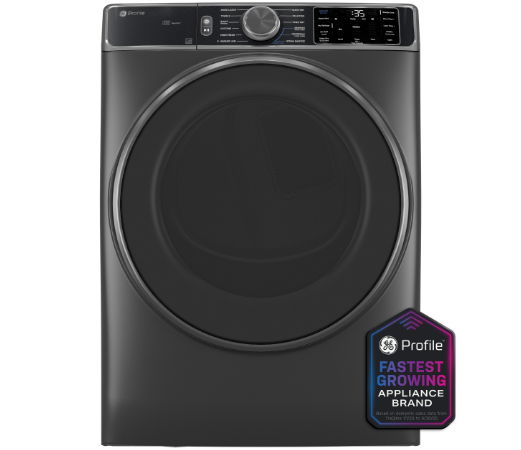 Front-loading washing machine in dark gray with control panel and brand logo.
